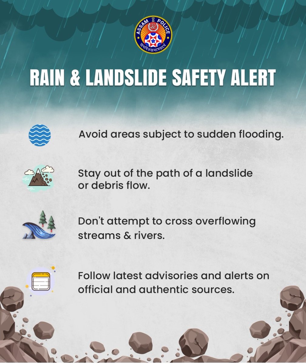Assam Police (@assampolice) on Twitter photo In view of the latest weather reports predicting heavy to extremely heavy rainfall, citizens are requested to follow these safety guidelines to avoid any inconvenience.
Avoid non-emergency travel and check the latest weather forecast before moving out.
<a href="/himantabiswa/">Himanta Biswa Sarma</a> In view of the latest weather reports predicting heavy to extremely heavy rainfall, citizens are requested to follow these safety guidelines to avoid any inconvenience.
Avoid non-emergency travel and check the latest weather forecast before moving out.
<a href="/himantabiswa/">Himanta Biswa Sarma</a>