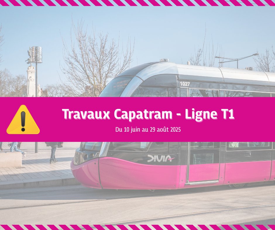 ⚠️ INFO TRAFIC – TRAVAUX CAPATRAM – LIGNE T1⚠️
 
🚋 À partir du 10 juin et jusqu’au 29 août des travaux seront à prévoir sur la ligne T1 entre les stations « Université » et « Quetigny Centre La Parenthèse ».

➡️ Retrouvez plus d'infos : divia.fr/actualites/tra…