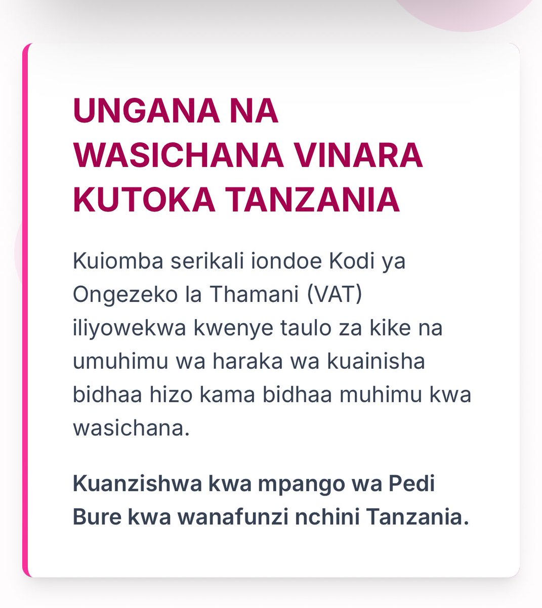 Ungana na Wasichina Vinara ambao kwa pamoja wameamua ajenda ya #PediBure ni ajenda muhimu ya kijamii.
Waunge mkono kwa kusaini petition hii:
pedibilakodi.netlify.app
Tafadhali share kwa wadau wengine 🙏🏼
#PediBilaKodi