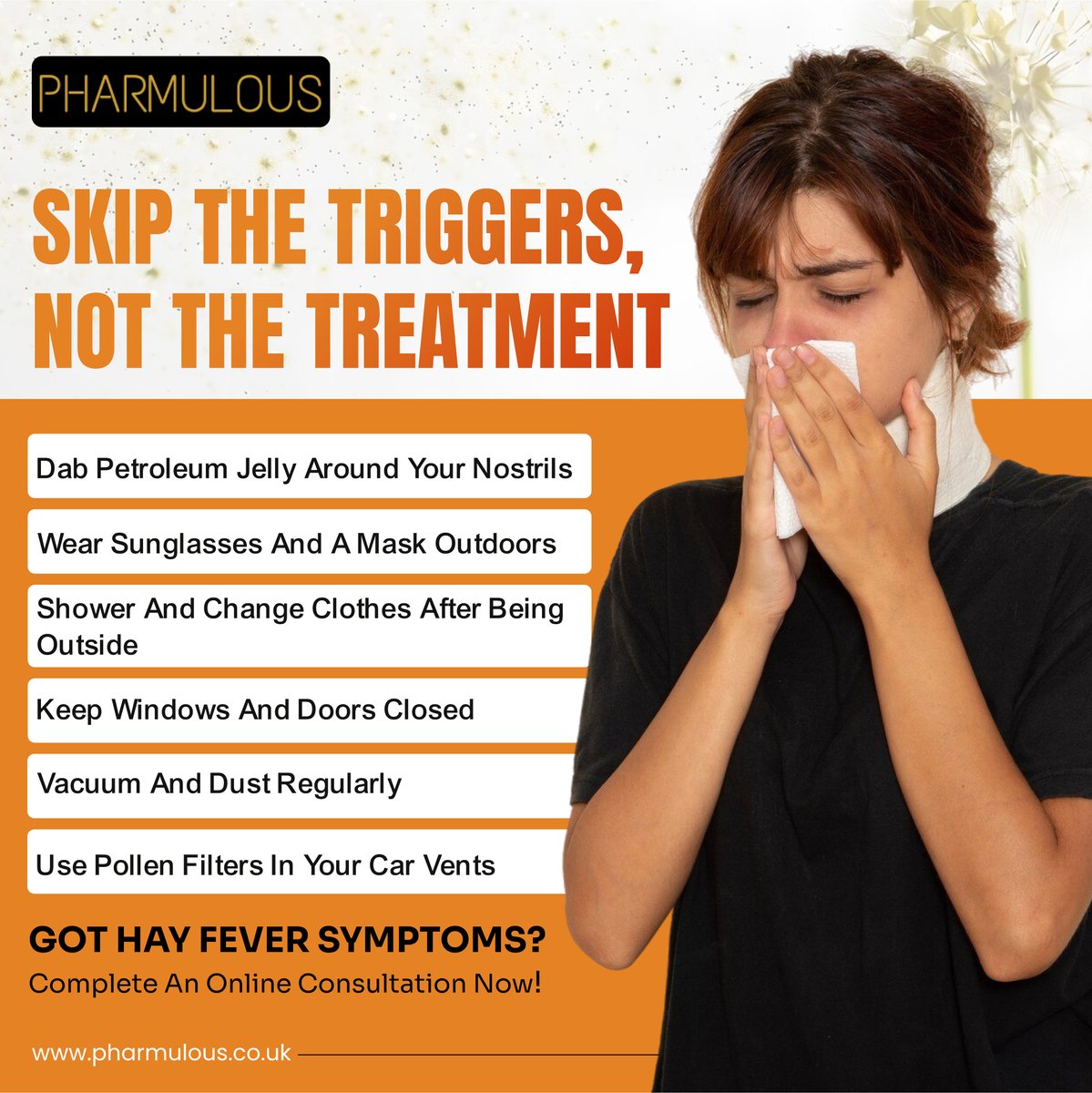 pharmulous's tweet image. Struggling with hay fever? 🤧 Skip the triggers, not the treatment! 🌿

Follow simple steps to reduce symptoms and stay protected.

Need help? Complete an online consultation today.
Visit us today: shorturl.at/7WJTY

#HayFeverHelp #Pharmulous #AllergySeasonTips #coldfever