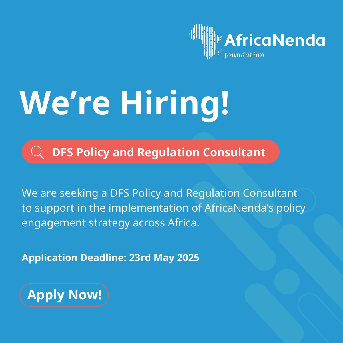 Only 3 days left!
We are hiring a DFS Policy and Regulation Consultant to support the implementation of our policy engagement strategy across Africa.
Application details and more information: lnkd.in/dXFpqtnv

Apply before 23rd May 2025.