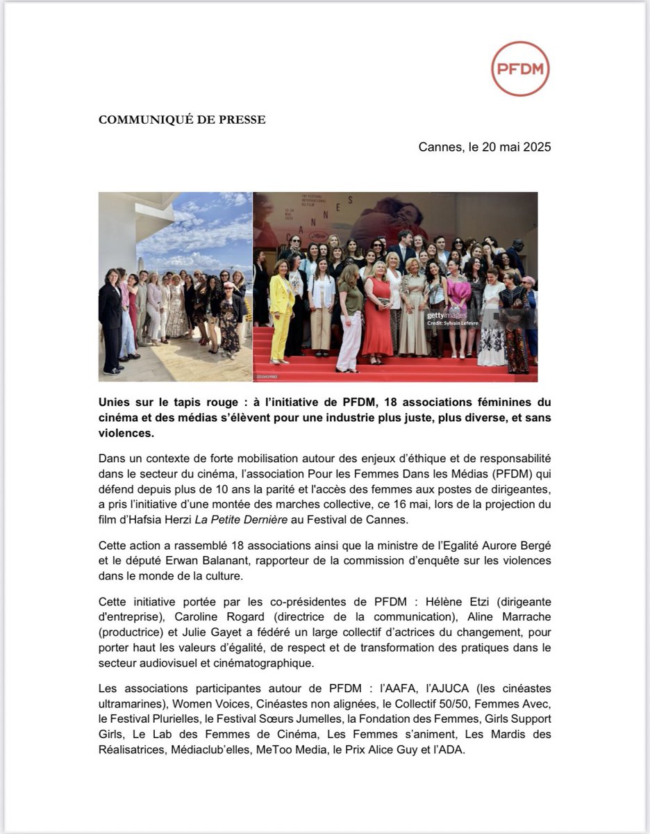 PFDMedias's tweet image. À #Cannes2025, PFDM réunit 18 assos du cinéma &amp;amp; des médias pour une montée des marches inédite contre les violences et pour plus d’égalité. Dialogue avec Iris Knobloch &amp;amp; plan d’actions ambitieux à venir. L’union fait la force ! #PFDM #Parité #StopVSS