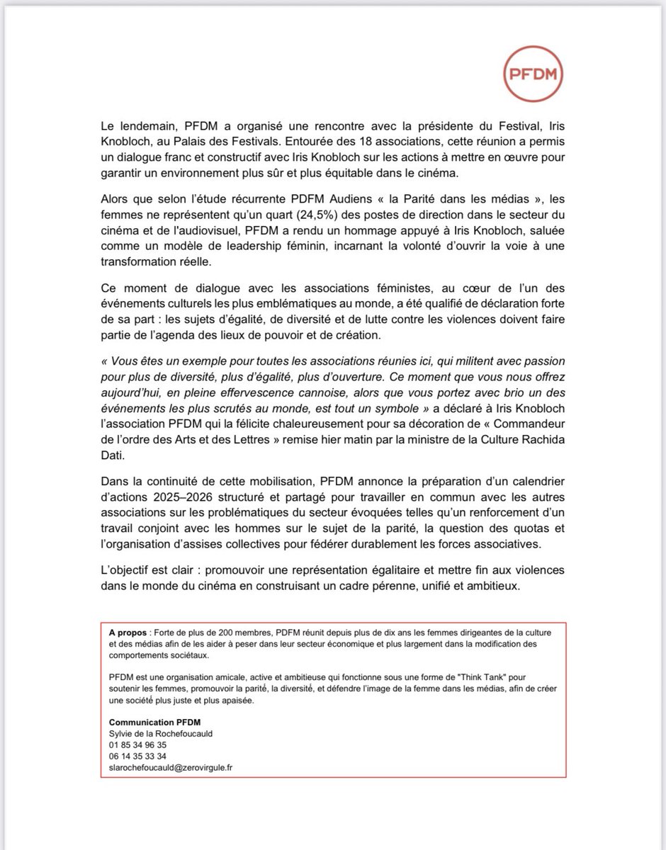 PFDMedias's tweet image. À #Cannes2025, PFDM réunit 18 assos du cinéma &amp;amp; des médias pour une montée des marches inédite contre les violences et pour plus d’égalité. Dialogue avec Iris Knobloch &amp;amp; plan d’actions ambitieux à venir. L’union fait la force ! #PFDM #Parité #StopVSS