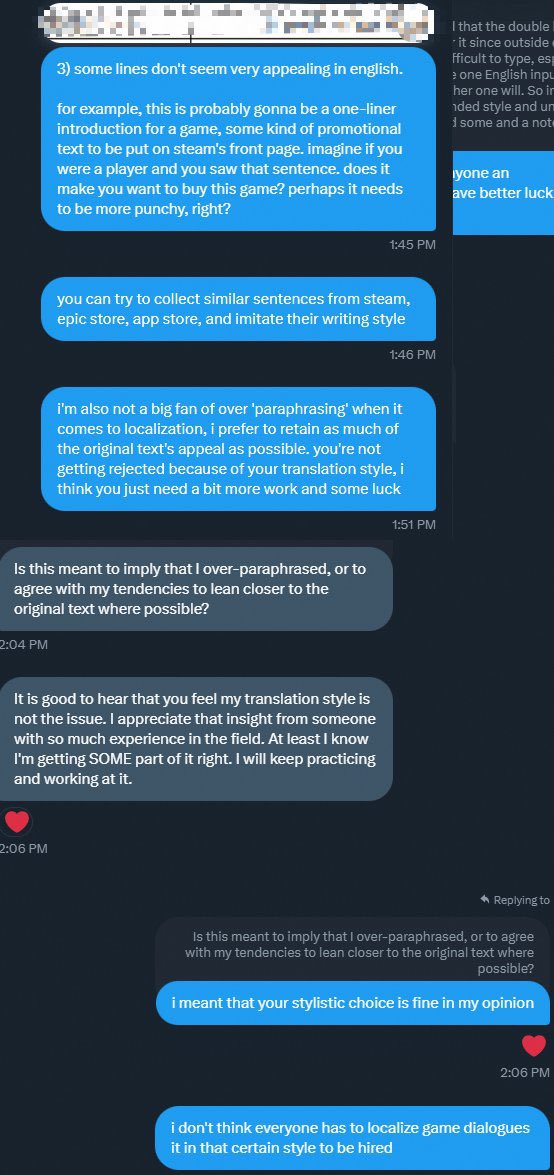 rialocalizes's tweet image. #localizationtalk #englishlocalization

I was approached by a JP-EN game translator today about how to pass translation tests. 

I decided to share some of my advice for them with their approval (with personal info &amp;amp; exact test translation content censored for privacy)🩷