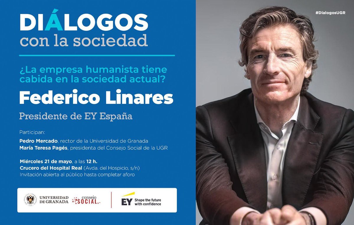 Consejo Social UCA (@csocialuca) on Twitter photo 📢 ¿Puede la empresa humanista transformar la sociedad?
El Consejo Social de la <a href="/CanalUGR/">Universidad Granada</a> organiza #DiálogosUGR con Federico Linares, presidente de EY España y del CSUCA.
🗓️ 21 mayo · 🕛 12:00 h
📍Hospital Real (UGR)
Con Pedro Mercado y María Teresa Pagés.
🎟️ Entrada libre. 📢 ¿Puede la empresa humanista transformar la sociedad?
El Consejo Social de la <a href="/CanalUGR/">Universidad Granada</a> organiza #DiálogosUGR con Federico Linares, presidente de EY España y del CSUCA.
🗓️ 21 mayo · 🕛 12:00 h
📍Hospital Real (UGR)
Con Pedro Mercado y María Teresa Pagés.
🎟️ Entrada libre.