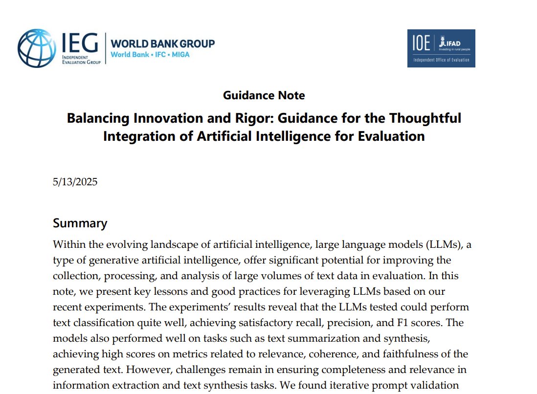 IFAD Evaluation (@ifadeval) on Twitter photo 🔵Hannah den Boer, #IFADeval Evaluation Analyst, has coauthored a <a href="/WorldBank_IEG/">IEG - WB Group</a> guidance note on “Balancing Innovation and Rigor: Guidance for the Thoughtful Integration of Artificial Intelligence for Evaluation”.
👉Read the full note now! rebrand.ly/w5pcvjk 🔵Hannah den Boer, #IFADeval Evaluation Analyst, has coauthored a <a href="/WorldBank_IEG/">IEG - WB Group</a> guidance note on “Balancing Innovation and Rigor: Guidance for the Thoughtful Integration of Artificial Intelligence for Evaluation”.
👉Read the full note now! rebrand.ly/w5pcvjk