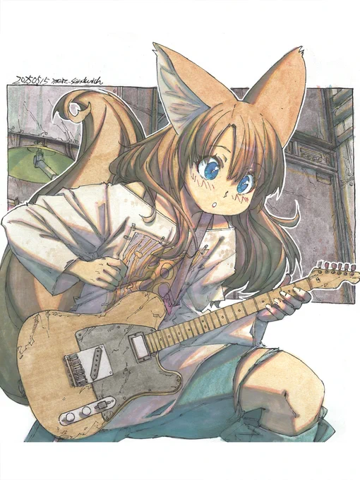 【アナログ2292:テレキャスとストローク】BOOTHの受注作成色紙です。ご依頼ありがとうございます。ギターを描くのは結構久しぶりで、弦を描き忘れてしまったので、対応を検討中です。それ以外に関しては良くまとまったと思います。Gペンと丸ペンでペン入れ。#水彩 #原画 #狐娘 #色紙 