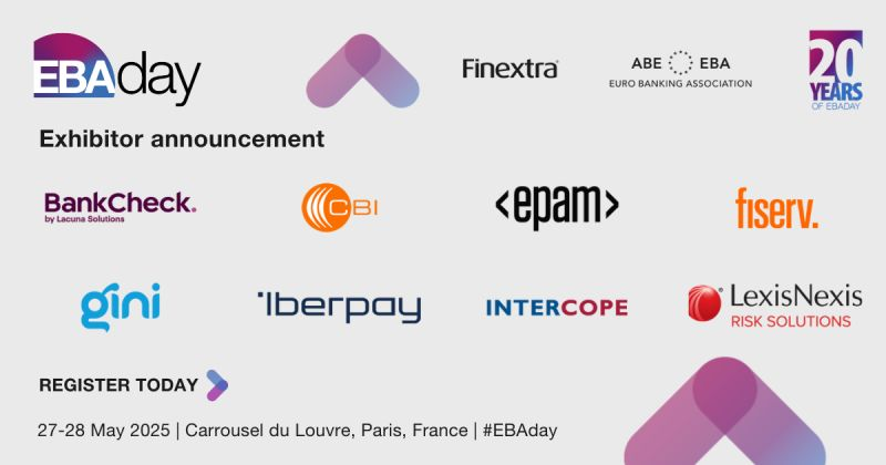 EBAday (@ebaday) on Twitter photo We're welcoming <a href="/BankCheck_/">BankCheck</a> , CBI, <a href="/EPAMSystems/">EPAM Systems</a>, <a href="/Fiserv/">Fiserv</a>, <a href="/Gini/">Gini</a>, <a href="/Iberpay/">Iberpay</a>, Intercope, and <a href="/LexisNexisRisk/">LexisNexis Risk</a> as exhibitors for #EBAday2025.
Connect with 1400+ executives and be part of those crucial conversations on cross-border payments and fintech collab. ebaday.com/register We're welcoming <a href="/BankCheck_/">BankCheck</a> , CBI, <a href="/EPAMSystems/">EPAM Systems</a>, <a href="/Fiserv/">Fiserv</a>, <a href="/Gini/">Gini</a>, <a href="/Iberpay/">Iberpay</a>, Intercope, and <a href="/LexisNexisRisk/">LexisNexis Risk</a> as exhibitors for #EBAday2025.
Connect with 1400+ executives and be part of those crucial conversations on cross-border payments and fintech collab. ebaday.com/register