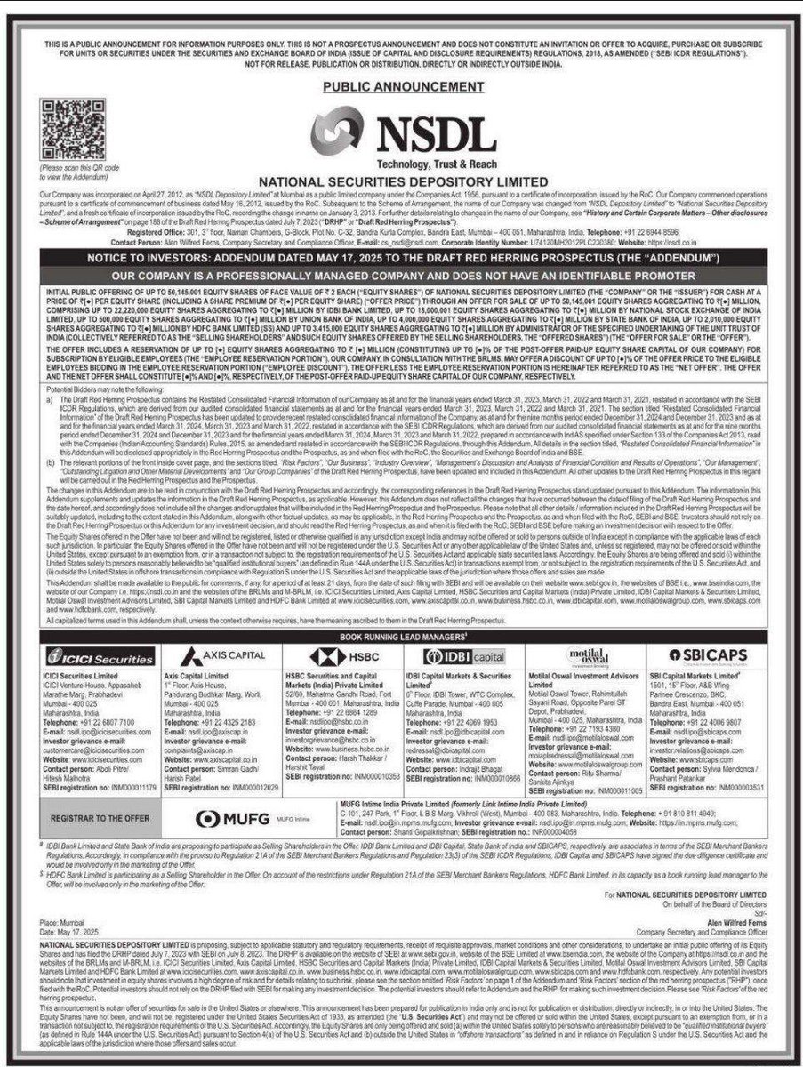 mooonlightrader's tweet photo. 🚨 NSDL has filed an addendum to its DRHP, moving closer to its much-anticipated IPO, likely to launch in May 2025.

💰 Up to 5,01,45,001 equity shares. Estimated size: ₹3,000 crore

📊 Shareholders selling: NSE (24%), IDBI (26%), HDFC Bank, SBI, Union Bank, GoI (SUUTI) https://t.co/uX1YacBUVo