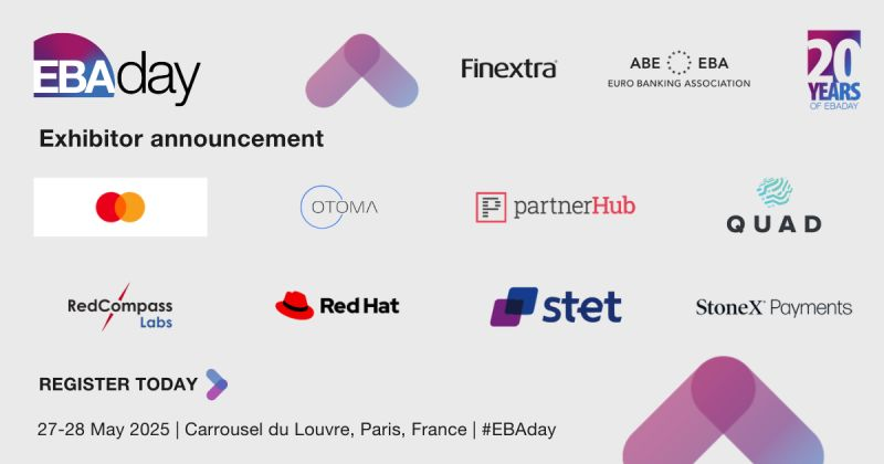 EBAday (@ebaday) on Twitter photo We're welcoming <a href="/Mastercard/">Mastercard</a>, Otoma, Partnerhub, Quad Solutions Ltd, <a href="/RedCompass1/">RedCompass Labs</a>, <a href="/RedHat/">Red Hat</a>, <a href="/stet_officiel/">STET</a>, and <a href="/StoneX_FinGmbH/">StoneX Global Payments</a> as exhibitors for #EBAday2025.
Connect with 1400+ executives and be part of those crucial conversations: ebaday.com/register We're welcoming <a href="/Mastercard/">Mastercard</a>, Otoma, Partnerhub, Quad Solutions Ltd, <a href="/RedCompass1/">RedCompass Labs</a>, <a href="/RedHat/">Red Hat</a>, <a href="/stet_officiel/">STET</a>, and <a href="/StoneX_FinGmbH/">StoneX Global Payments</a> as exhibitors for #EBAday2025.
Connect with 1400+ executives and be part of those crucial conversations: ebaday.com/register