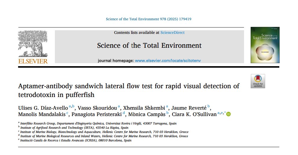 Díaz-Avello UG, Skouridou V, Shkembi X, Reverté J, Mandalakis M, Peristeraki P, Campàs M, O'Sullivan CK. Aptamer-antibody sandwich lateral flow test for rapid visual detection of tetrodotoxin in pufferfish. doi.org/10.1016/j.scit…
