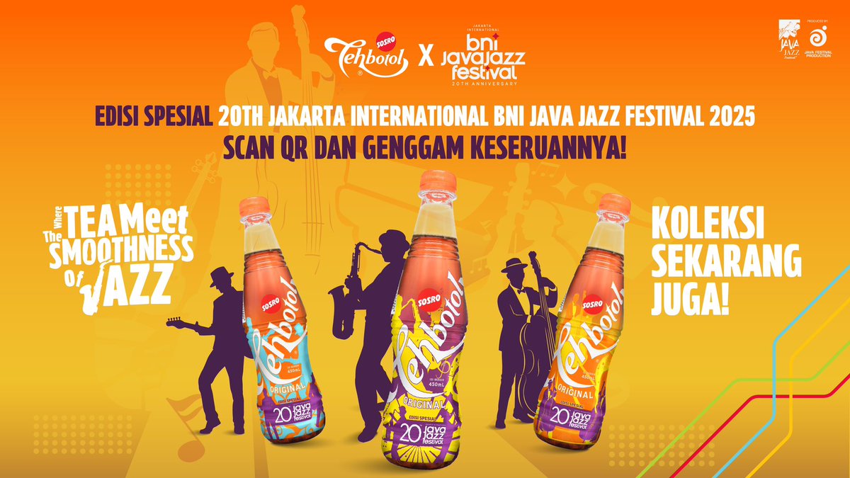 Saat harmoni jazz <a href="/JavaJazzFest/">Java Jazz Festival</a>  berpadu dengan autentiknya teh, tercipta momen spesial yang bisa kamu rasakan keseruannya dalam genggaman. 🎷🎶

Dapatkan kemasan edisi terbatasnya sekarang sebelum kehabisan!

#TBSxJJF #JJF2025 #BNIJJF #TehbotolSosro #ApapunMusiknya