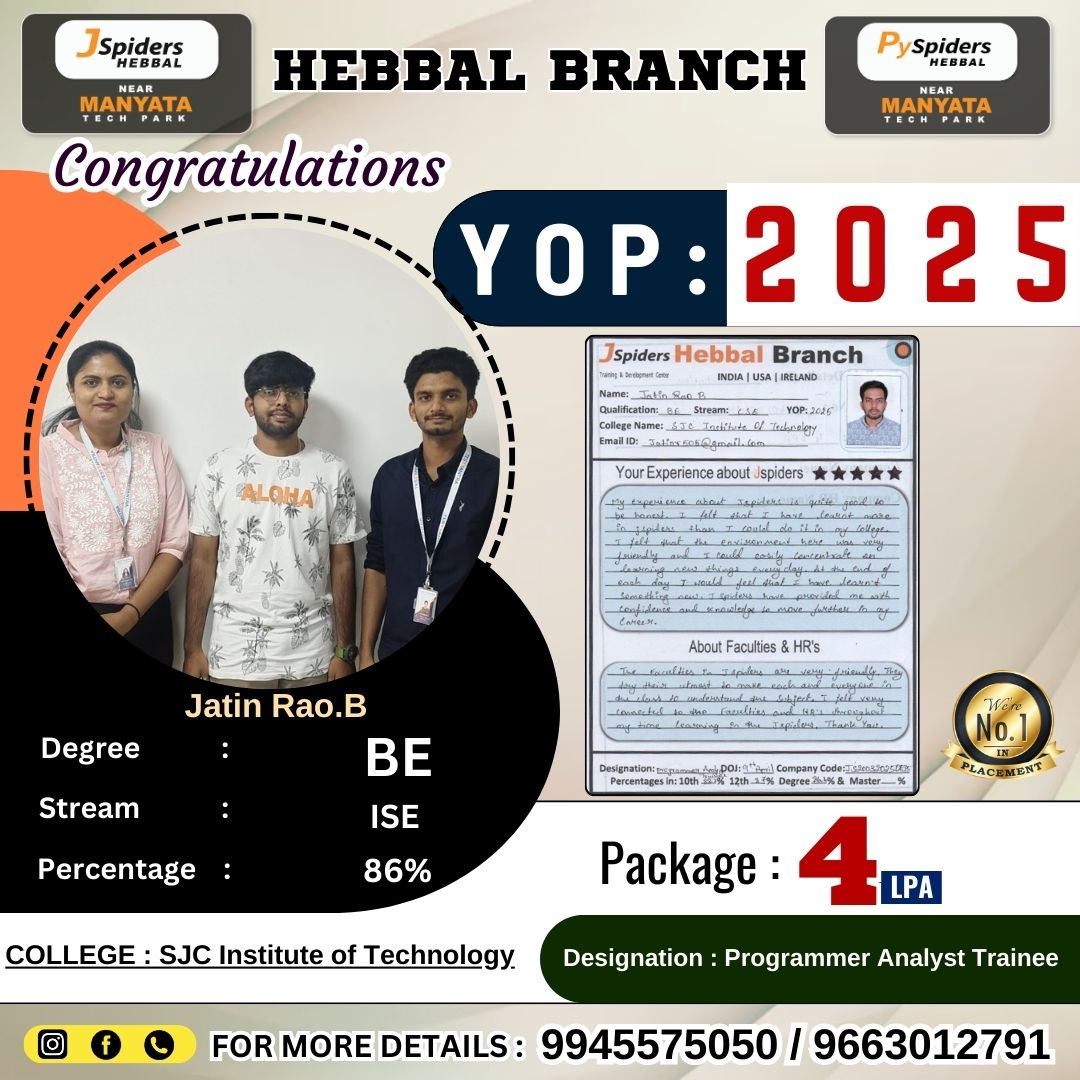 QspidersHebbal's tweet image. Huge congrats to Jatin Rao B on getting placed as a Programmer Analyst Trainee in IT Hub through
@jspidershebbal !
(2025 passout)
1. #Placed
2. #JSpidersHebbal
3. #ProgrammerAnalyst
4. #BE/CSE
5. #placementsuccess
6. #JatinRaoB
7. #2025passout