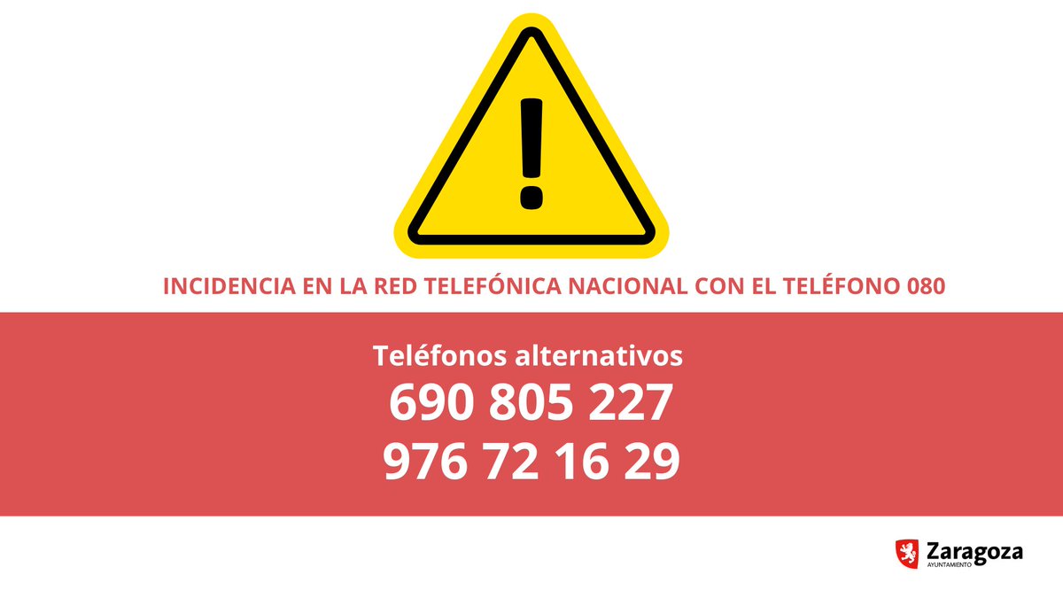 AyuntamientoZaragoza (@zaragoza_es) on Twitter photo ⚠️El teléfono 080, número de teléfono de emergencias de <a href="/BomberosZGZ/">Bomberos Ayuntamiento de Zaragoza</a>, está registrando una incidencia en la red a nivel nacional.
Está operativo, pero por si fuese necesario, puedes utilizar los siguientes teléfonos alternativos:
☎️690 805 227
☎️976 72 16 29 ⚠️El teléfono 080, número de teléfono de emergencias de <a href="/BomberosZGZ/">Bomberos Ayuntamiento de Zaragoza</a>, está registrando una incidencia en la red a nivel nacional.
Está operativo, pero por si fuese necesario, puedes utilizar los siguientes teléfonos alternativos:
☎️690 805 227
☎️976 72 16 29