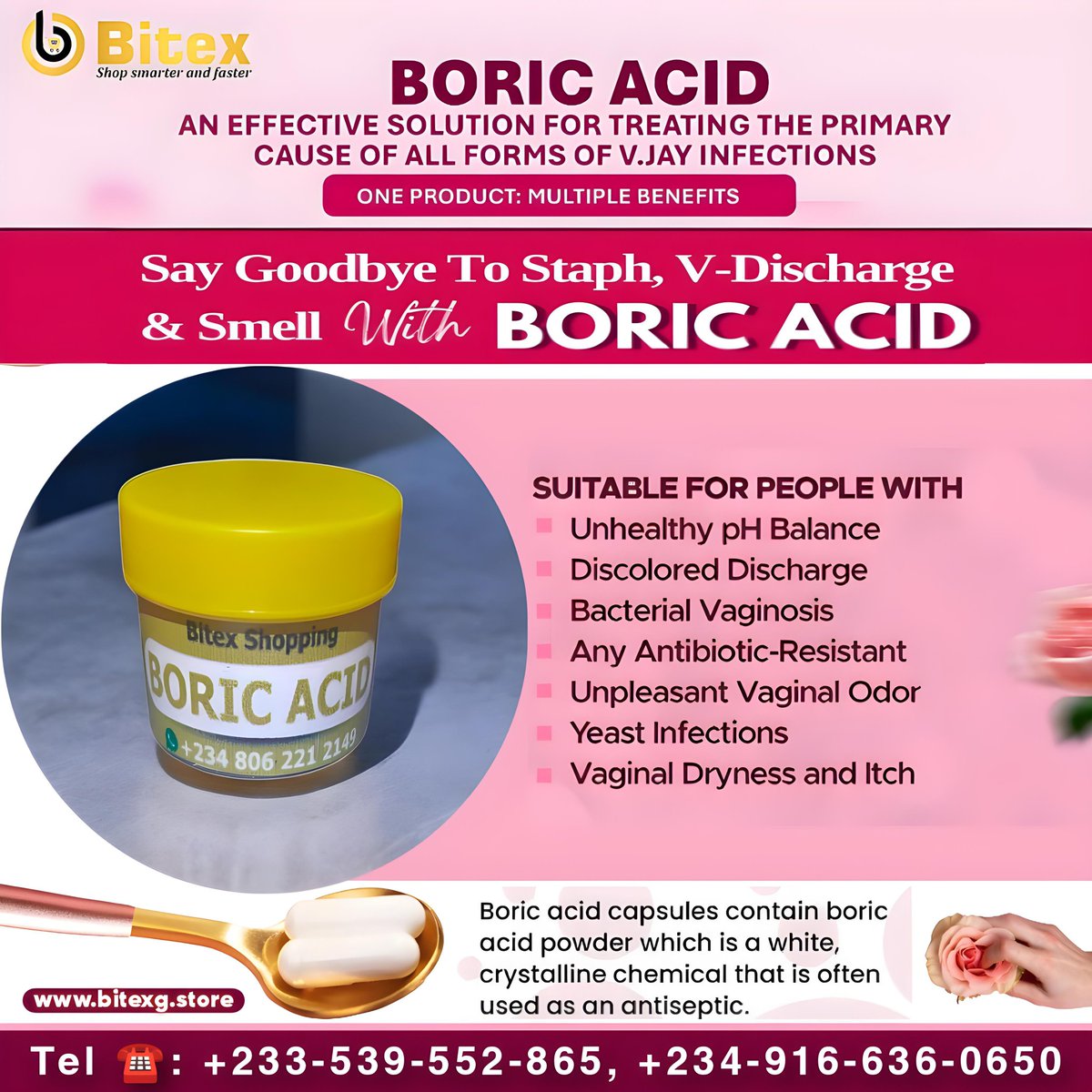 bitexshopping's tweet photo. CONSTANTLY HAVING REOCCURRING INF3CTI8NS AND SMELLY DISCHARGE?🤔 Have you tried BORIC ACID? 😍 

This is the perfect solution!📌

🌐 Start Shopping Now!
🛒 Visit: https://t.co/dUxld61R2L

#infection #HealthyDetox #femininehygiene #viral #trending https://t.co/U38dZ536d4