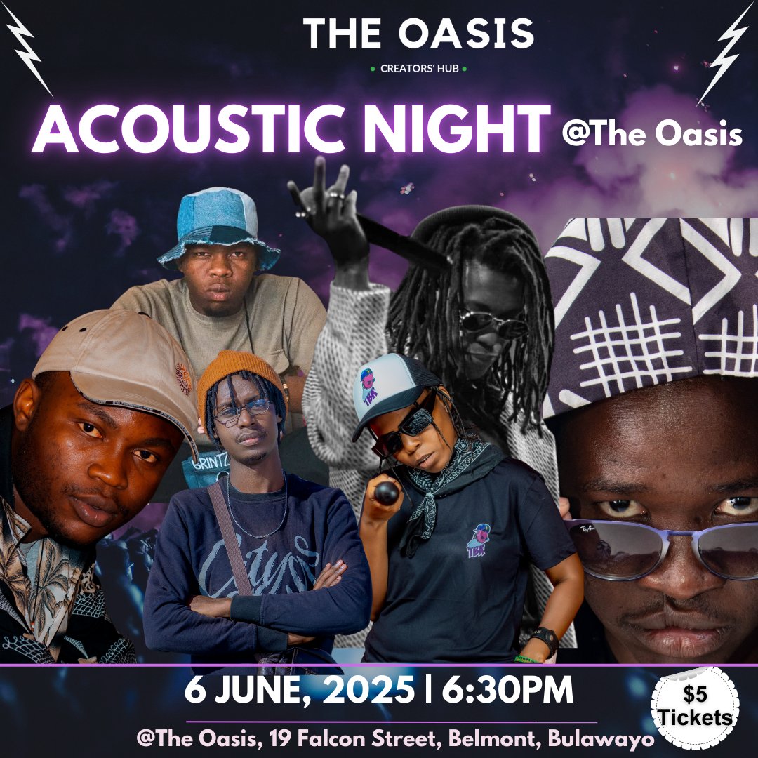 Acoustic Night: HIP-HOP Edition! 
Beats. Bars. Vibes. You definitely don’t want to miss this one!
It’s unplugged, unexpected, and undeniably epic. 

#AcousticHipHop #OasisNights #FeelTheVibe #LiveAndUnfiltered #HipHopUnplugged #BulawayoEvents