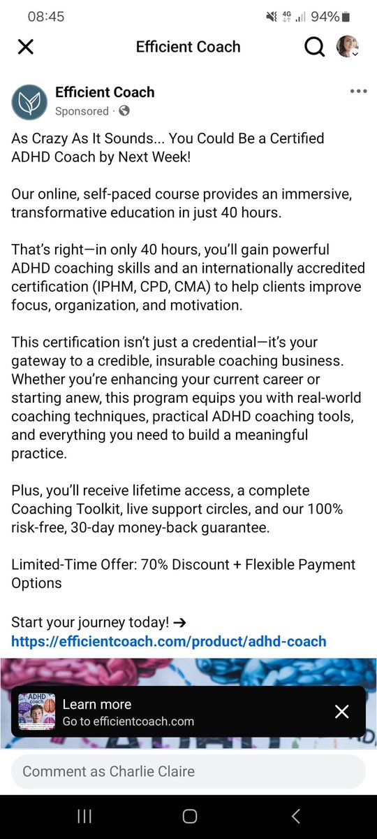 Wow 40 hours to be certified ADHD Coach!? After 18 years ( &amp; more including my own journey) I would never ever, ever say I could be an 'ADHD Coach'! 
This could potentially be harmful to the neurodiverse community, as families are being exploited for profit!