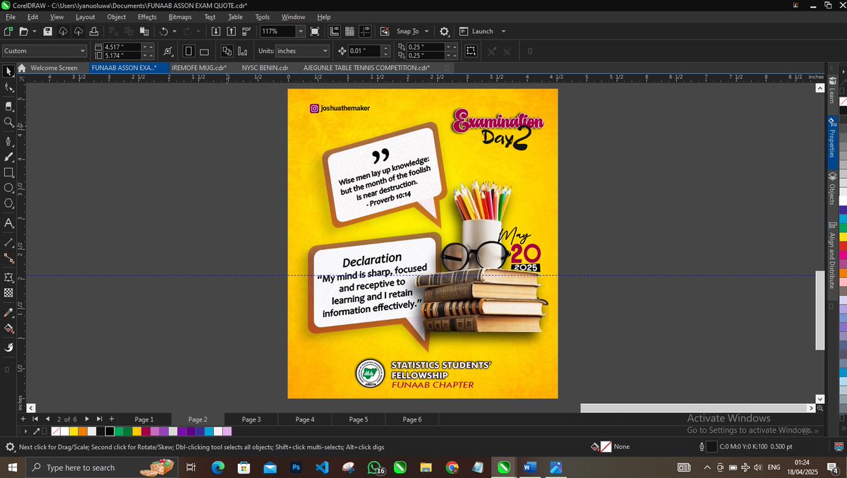 JoshuaTheMaker5's tweet photo. Just wrapped up the Day 2 examination flyer for FUNAAB!🚀
Clean layout, bold hierarchy, and a color scheme that speaks clarity under pressure — designed with students in mind. Balancing function and visual appeal is always the goal, and this piece hits the mark. #funaab https://t.co/MB7V8LvujR