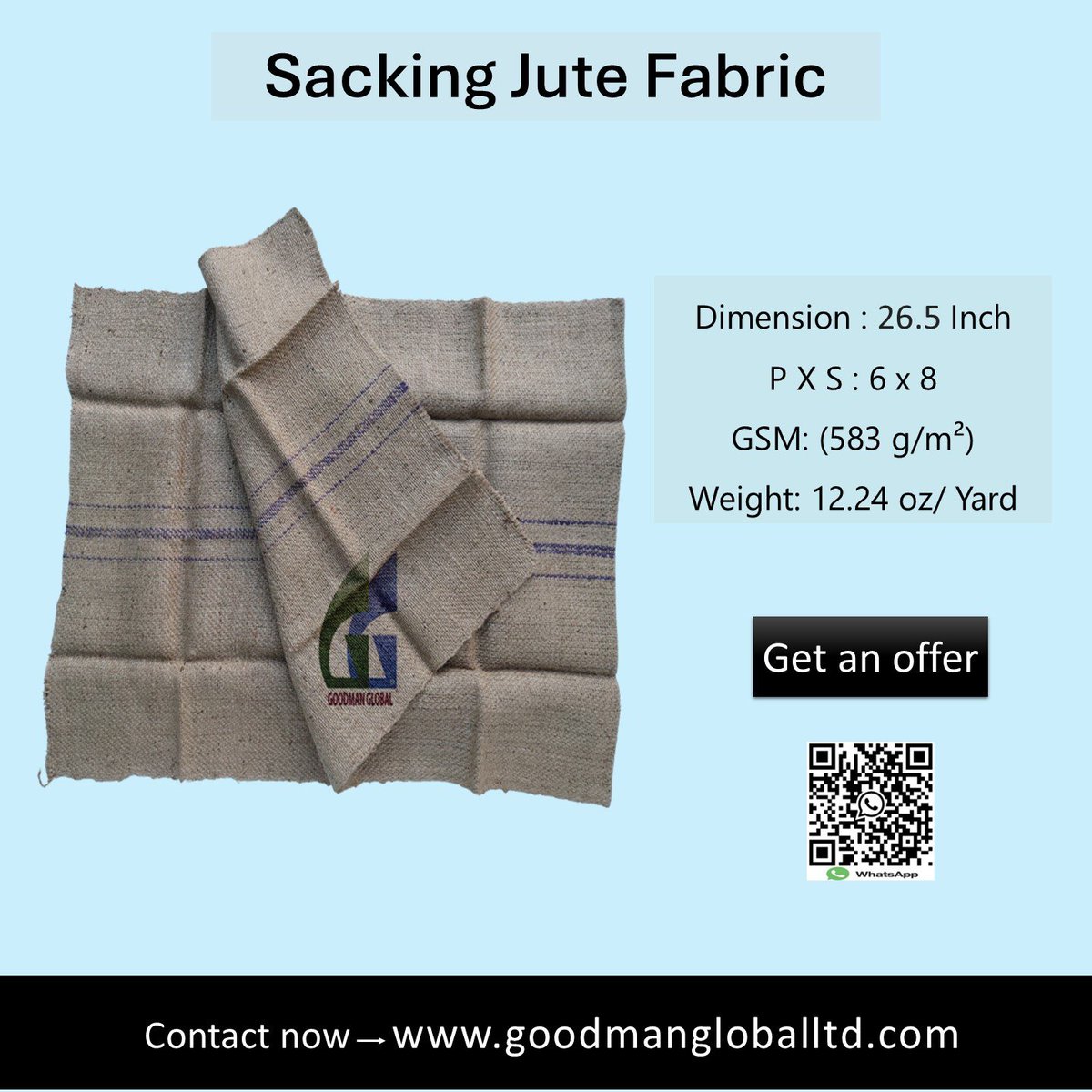 Goodman_Global's tweet image. 26.5-inch wide food-grade B. Twill Sacking cloth 👉 goodmangloballtd.com 👉 @Goodman_Global

# GSM: 656 g/m²
# P x S: 6 x 8
# Stripes &amp;amp; plain

#jutefabric #sacking #sackingcloth #sackingfabric #sackfabric