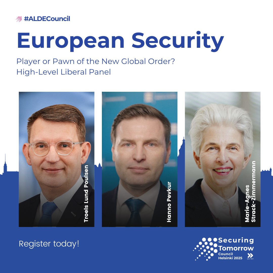 ALDE Party (@aldeparty) on Twitter photo Just announced! A high-level liberal panel you won’t want to miss at #ALDECouncil in Helsinki 👀
European Security: Player or Pawn of the New Global Order? With top liberal voices shaping Europe's defence and strategic direction:
🇩🇰 <a href="/troelslundp/">Troels Lund Poulsen</a> – Deputy Prime Minister & Just announced! A high-level liberal panel you won’t want to miss at #ALDECouncil in Helsinki 👀
European Security: Player or Pawn of the New Global Order? With top liberal voices shaping Europe's defence and strategic direction:
🇩🇰 <a href="/troelslundp/">Troels Lund Poulsen</a> – Deputy Prime Minister &