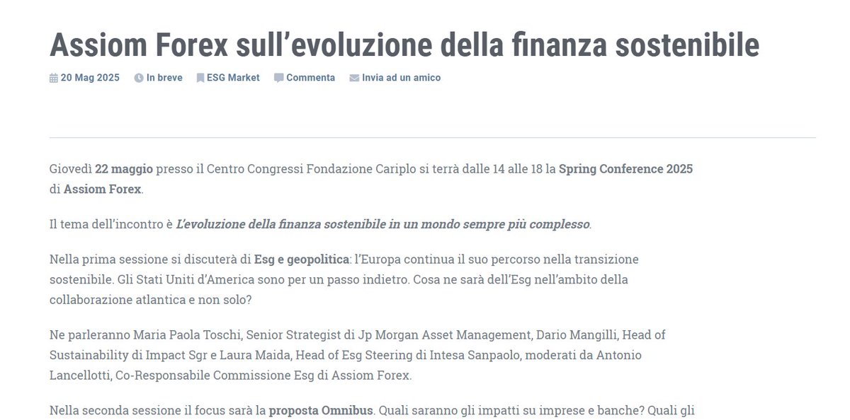 ETicaNews's tweet image. 📌 @ASSIOMFOREX sull’evoluzione della #finanzasostenibile
🗞️ Leggi l'articolo sul nostro sito: eticanews.it/assiom-forex-s…
@FondCariplo #SpringConference2025 #SpringConference #ESG #finanzaESG #sostenibilità
