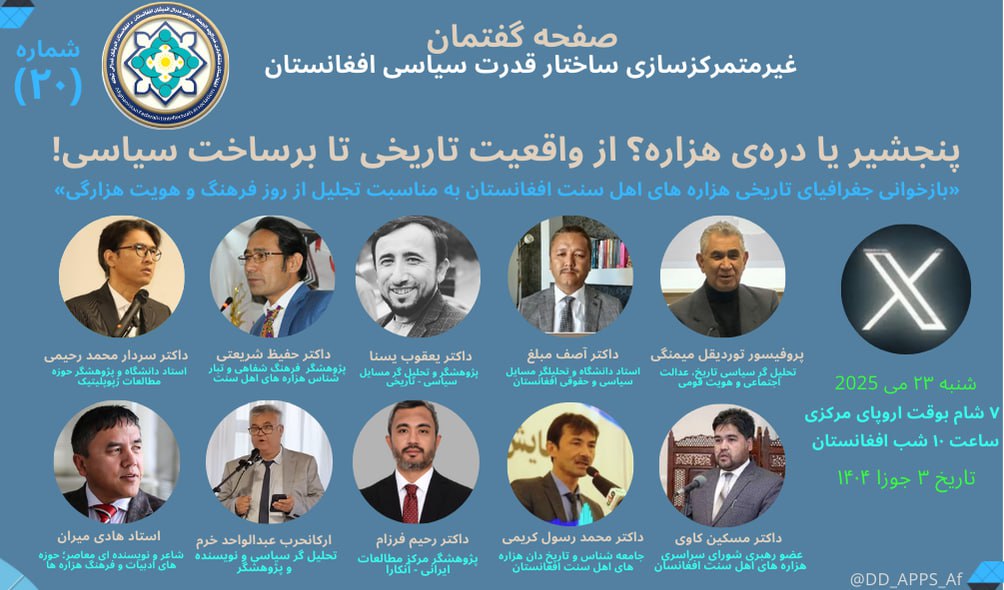 هزاره‌ ها عمدتاً به عنوان جامعه‌ی شیعه مذهب شناخته می‌شوند، اما بخش زیادی از آنان اهل سنت و اسماعیلی اند که در مناطق مختلف جغرافیایی از افغانستان، از جمله دره‌های دور افتاده‌ ولایات شمالی و شمال شرقی سکونت دارند. در این نشست روایت‌ های تاریخی و با هدف بازخوانی جغرافیای تاریخی ۱/۱
