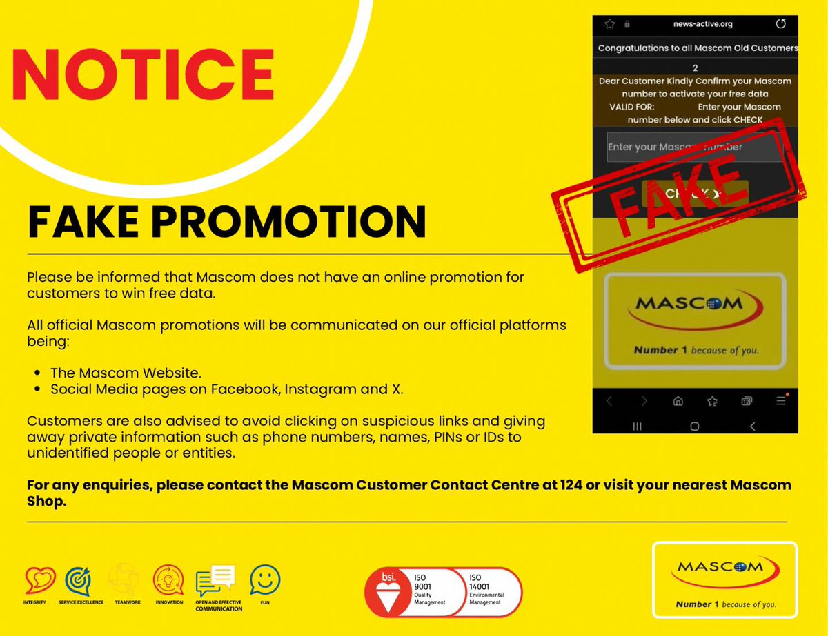 🚨 FAKE PROMOTION ALERT

Mascom is not running any online promo offering free data.

✅ Only trust info from our official website &amp; social media (FB, IG, X)

❌ Don’t click shady links or share your personal info.
Need help? Call 124 or visit a Mascom Shop.
#Number1BecauseOfYou