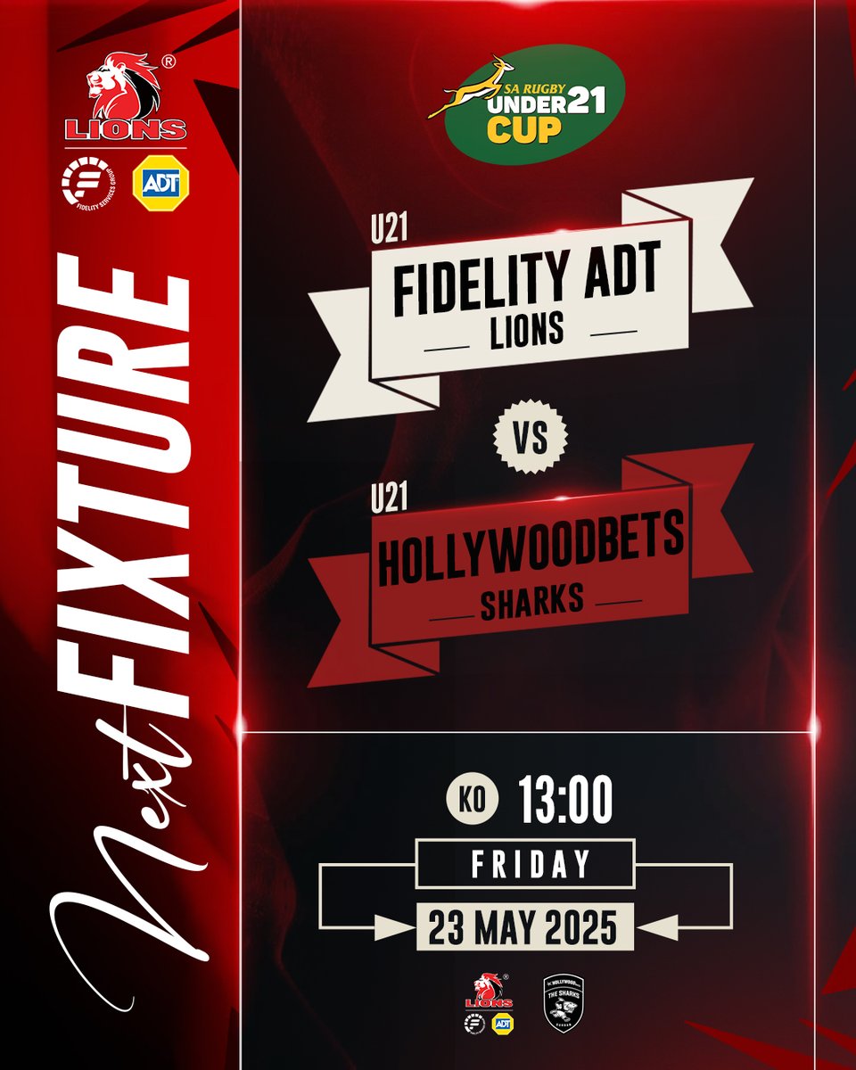 The Fidelity ADT Lions U21s are back on home turf this Friday as they take on the Hollywoodbets Sharks U21! 🦁
 
🎟 FREE entrance
🚗 FREE parking in the parkade
Pull through and show your support - see you at Emirates Airline Park!

🗓: Fri, 23 May
⏰: 13:00
🏟: Emirates Airline