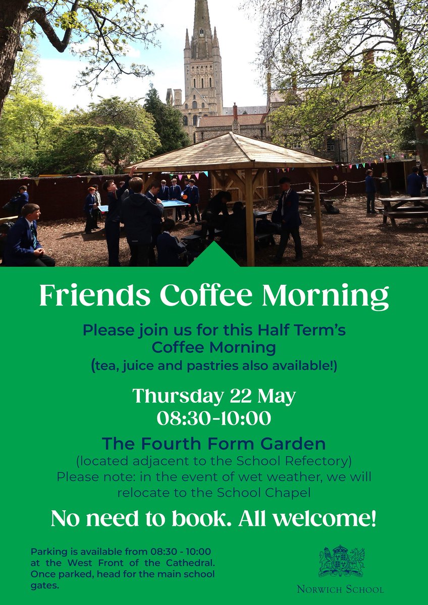 Friends of Norwich School (@norschfriends) on Twitter photo ☕️🥐 Join us on Thursday 22nd May in the 4th Form Garden for coffee, tea & pastries!
Parking available on the West Front of the Cathedral.
All welcome! 🥐☕️
<a href="/NorwichSchool/">Norwich School</a> <a href="/NorwichLowerSch/">Norwich Lower School</a> <a href="/NorwichLS/">Norwich Lower School</a> ☕️🥐 Join us on Thursday 22nd May in the 4th Form Garden for coffee, tea & pastries!
Parking available on the West Front of the Cathedral.
All welcome! 🥐☕️
<a href="/NorwichSchool/">Norwich School</a> <a href="/NorwichLowerSch/">Norwich Lower School</a> <a href="/NorwichLS/">Norwich Lower School</a>
