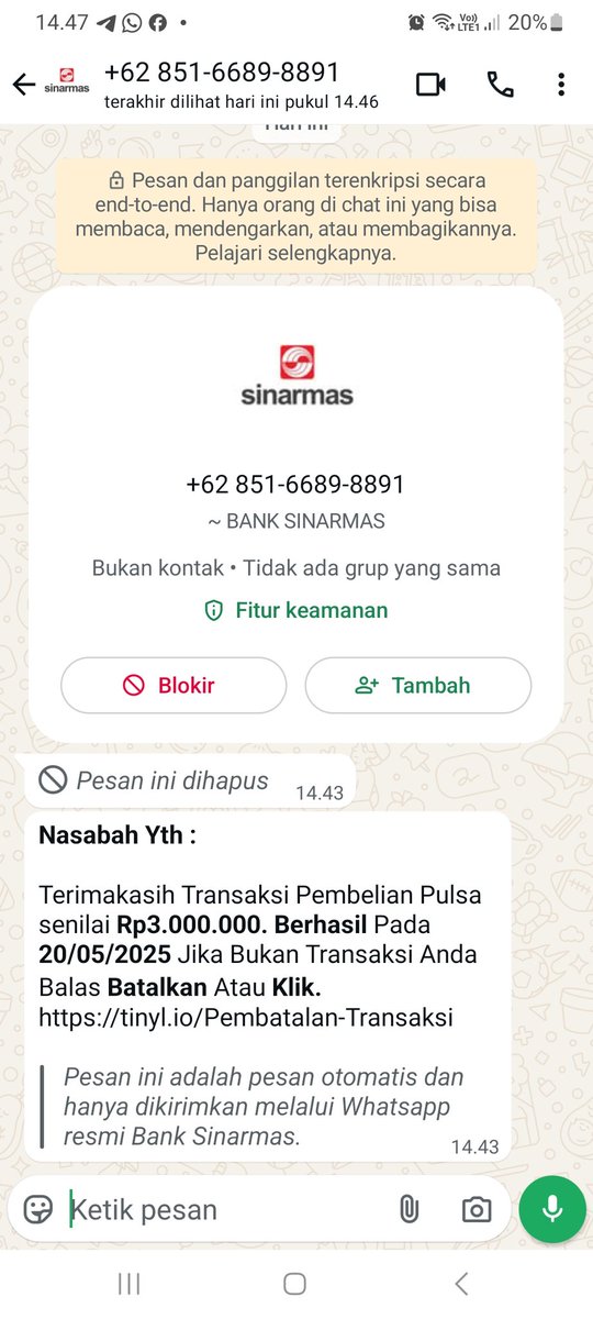 ekosis2010's tweet photo. @BankSinarmas  barusan saya dapat telepon dan WA mengaku dari Bank Sinarmas, dikatakan ada pembelian pulsa 3 jt dari rekening saya. Saya cek di mutasi Simobi tidak ada transaksi apapun, dan setelah saya lihat nomornya no biasa hanya memakai logo Bank Sinarmas. https://t.co/LGuzxLcmSh