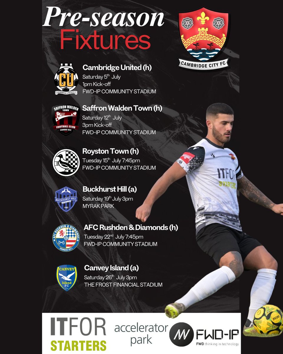 Cambridge City FC (@cambridgecityfc) on Twitter photo Pre-season locked and loaded, just 46 days till we go again.
<a href="/CambridgeUtdFC/">Cambridge United FC</a> <a href="/SWTFC_thebloods/">SaffronWaldenTown FC</a> <a href="/RoystonTownFC/">Royston Town FC</a> <a href="/buckhursthillfc/">Buckhurst Hill FC</a> <a href="/AFCRD/">AFC Rushden & Diamonds</a> <a href="/CIFC/">Canvey Island FC</a> Pre-season locked and loaded, just 46 days till we go again.
<a href="/CambridgeUtdFC/">Cambridge United FC</a> <a href="/SWTFC_thebloods/">SaffronWaldenTown FC</a> <a href="/RoystonTownFC/">Royston Town FC</a> <a href="/buckhursthillfc/">Buckhurst Hill FC</a> <a href="/AFCRD/">AFC Rushden & Diamonds</a> <a href="/CIFC/">Canvey Island FC</a>