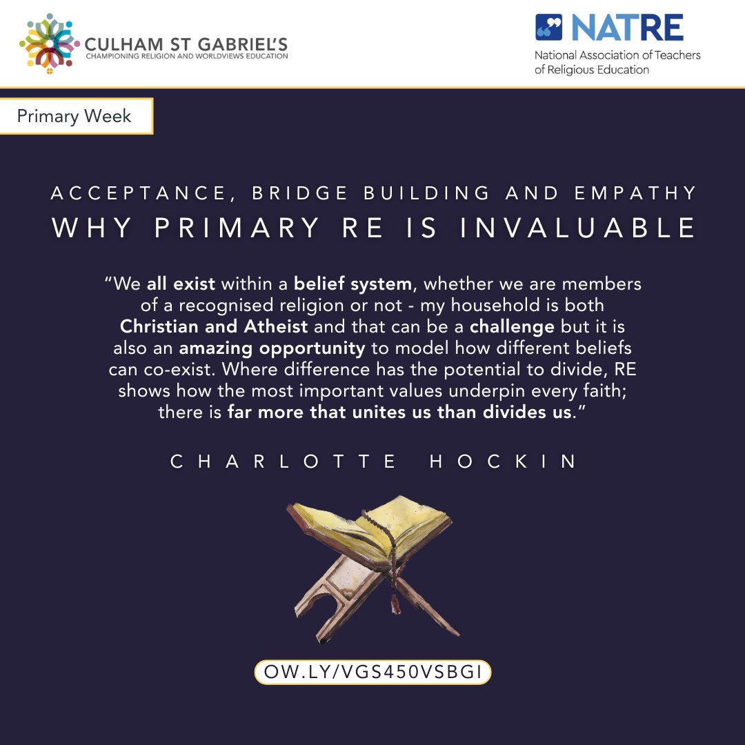Continuing #PrimaryFocusWeek in collab with <a href="/NATREupdate/">NATRE</a> with a powerful blog from secondary teacher &amp; primary parent Charlotte Hockin
RE isn’t just about festivals or facts — it builds empathy &amp; connection.
RE is cross-curricular &amp; vital.
🔗 ow.ly/N0ky50VT24X