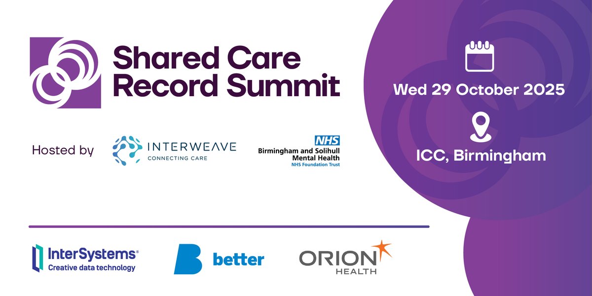 InterweaveDigital (@interweavedigi) on Twitter photo Registration is OPEN!
Join us at the Shared Care Record Summit on 29 Oct, ICC Birmingham 🏥
Hear real-world insights from all 42 ICSs on ShCR adoption.
🎟️ Free for NHS & LA staff
📩 Others: gemma.hare2@nhs.net
🔗 Register: eventbrite.co.uk/e/shared-care-… Registration is OPEN!
Join us at the Shared Care Record Summit on 29 Oct, ICC Birmingham 🏥
Hear real-world insights from all 42 ICSs on ShCR adoption.
🎟️ Free for NHS & LA staff
📩 Others: gemma.hare2@nhs.net
🔗 Register: eventbrite.co.uk/e/shared-care-…