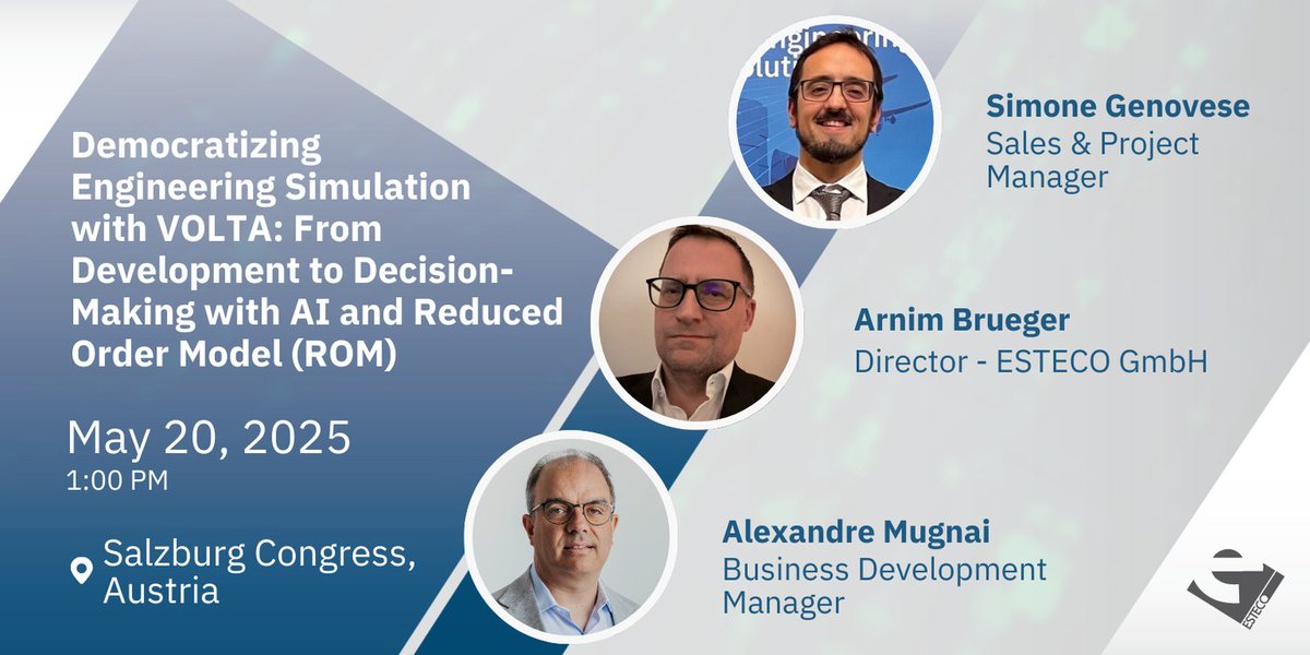 Today at NAFEMS, come to listen to Simone Genovese, Arnim Brueger, and Alex Mugnai. They're talking about VOLTA and its AI and ROM applications.
Learn more here 👉 engineering.esteco.com/events/nafems-…