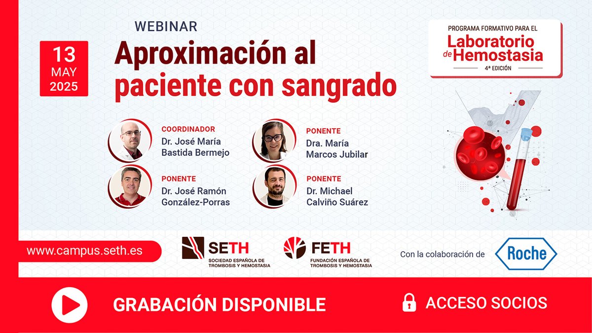 ¿Te lo perdiste? Ya puedes acceder a la grabación del webinar «Aproximación al paciente con sangrado»🩸

🔍Revisa los contenidos, profundiza en el diagnóstico y abordaje del paciente con sangrado y refuerza tu práctica clínica 👉campus.seth.es/cursos/webinar…

#SETH <a href="/roche_es/">Roche España</a>