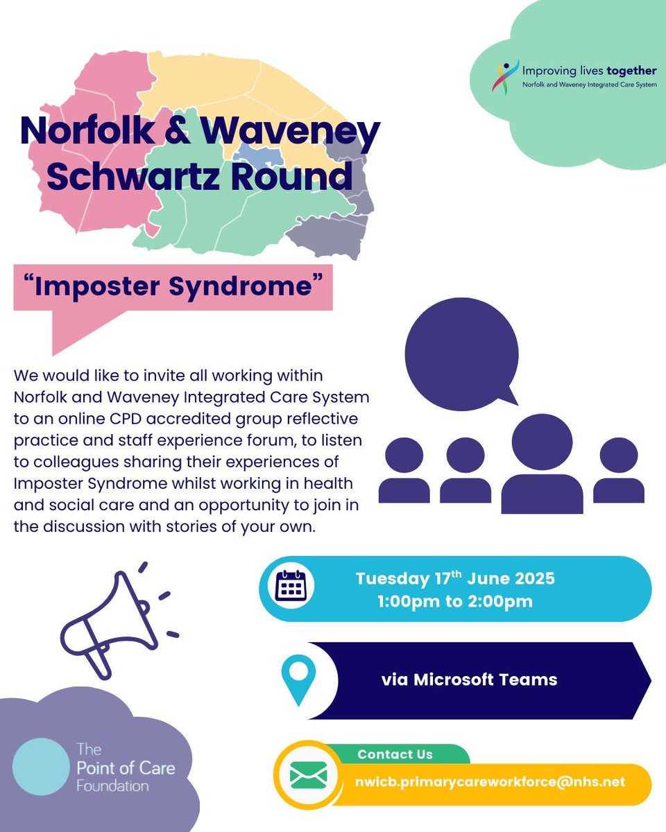 PrimaryCareWorkforce (@nwpcworkforce) on Twitter photo Do you work in <a href="/nandwics/">Norfolk and Waveney Integrated Care System (ICS)</a>? Have you ever experienced #ImposterSyndrome? Join us at our next virtual Schwartz Round which is a CPD accredited, #GroupReflectivePractice and #StaffExperience forum. For more information please view the poster. <a href="/PointofCareFdn/">The Point of Care Foundation</a> #SchwartzRounds Do you work in <a href="/nandwics/">Norfolk and Waveney Integrated Care System (ICS)</a>? Have you ever experienced #ImposterSyndrome? Join us at our next virtual Schwartz Round which is a CPD accredited, #GroupReflectivePractice and #StaffExperience forum. For more information please view the poster. <a href="/PointofCareFdn/">The Point of Care Foundation</a> #SchwartzRounds