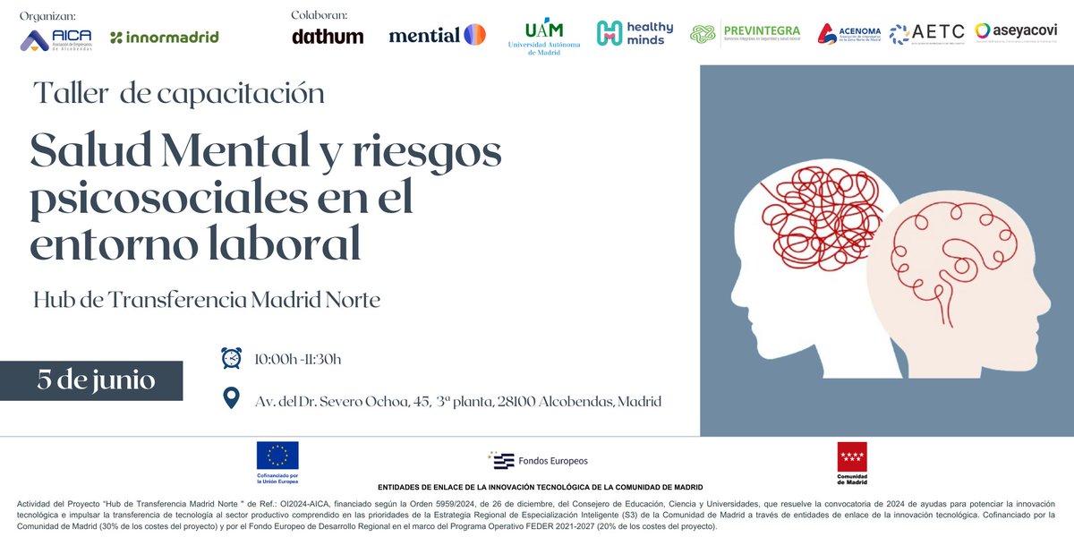 🗓️5 de junio: Taller Salud Mental y Riesgos Psicosociales en el entorno laboral.
🎯Crear un espacio de reflexión e intercambio de experiencias para entornos laborales más saludables.
📝Inscríbete: bit.ly/3SMTpcU

➡️#HubdeTransferencia <a href="/AICAempresarios/">AICA - Asociación de Empresarios de Alcobendas</a> <a href="/ComunidadMadrid/">Comunidad de Madrid</a>