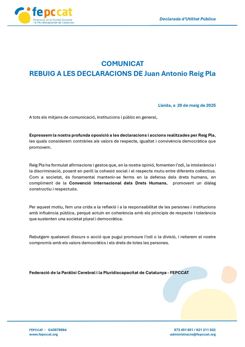 COMUNICAT:
Expressem la nostra profunda oposició a les declaracions i accions realitzades per Reig Pla, les quals considerem contràries als valors de respecte, igualtat i convivència democràtica que promovem.

Tolerància zero vers els discursos d'odi.