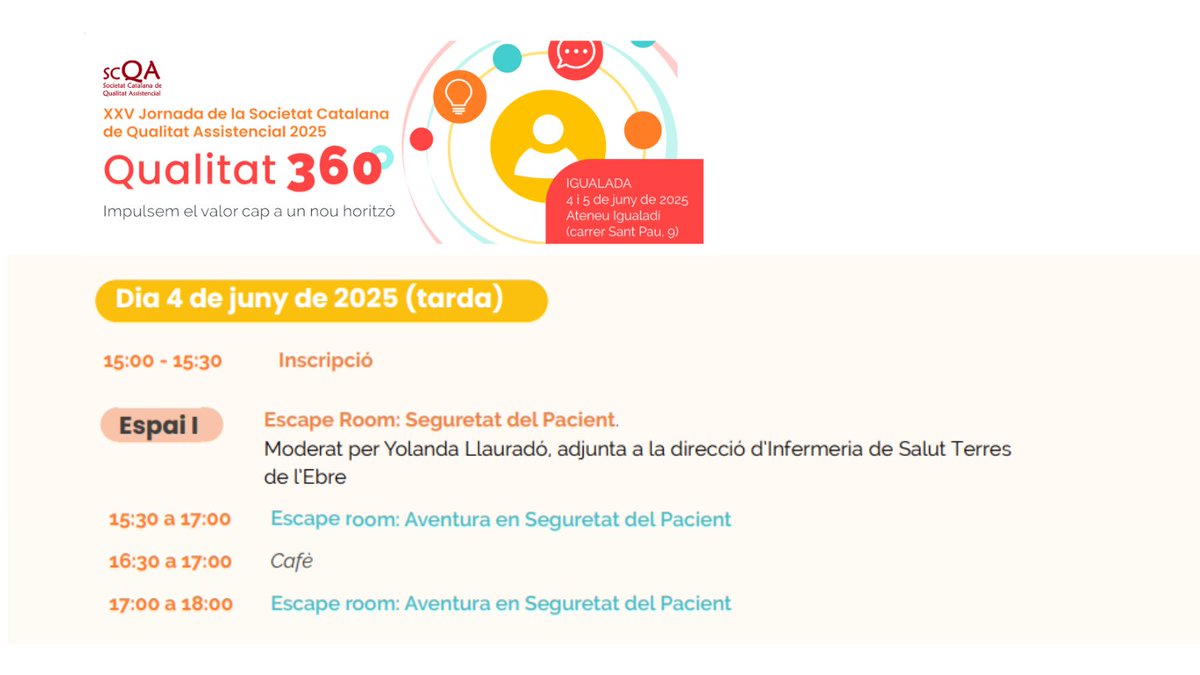 Societat Catalana de Qualitat Assistencial (@scqa_) on Twitter photo 🙋♀️Participa a l’Escape Room: Seguretat del Pacient!
Un taller diferent dins la XXV Jornada SCQA, moderat per Yolanda Llauradó, adjunta a la direcció d’Infermeria de <a href="/hmoradebre/">Hospital Comarcal de Móra d'Ebre</a>
📅 4 i 5 de juny
📍 <a href="/AteneuIgualadi/">Ateneu Igualadí</a>
Inscriu-te ara👇
➕linke.to/InscripcionsSC…
#JornadaSCQA25 🙋♀️Participa a l’Escape Room: Seguretat del Pacient!
Un taller diferent dins la XXV Jornada SCQA, moderat per Yolanda Llauradó, adjunta a la direcció d’Infermeria de <a href="/hmoradebre/">Hospital Comarcal de Móra d'Ebre</a>
📅 4 i 5 de juny
📍 <a href="/AteneuIgualadi/">Ateneu Igualadí</a>
Inscriu-te ara👇
➕linke.to/InscripcionsSC…
#JornadaSCQA25