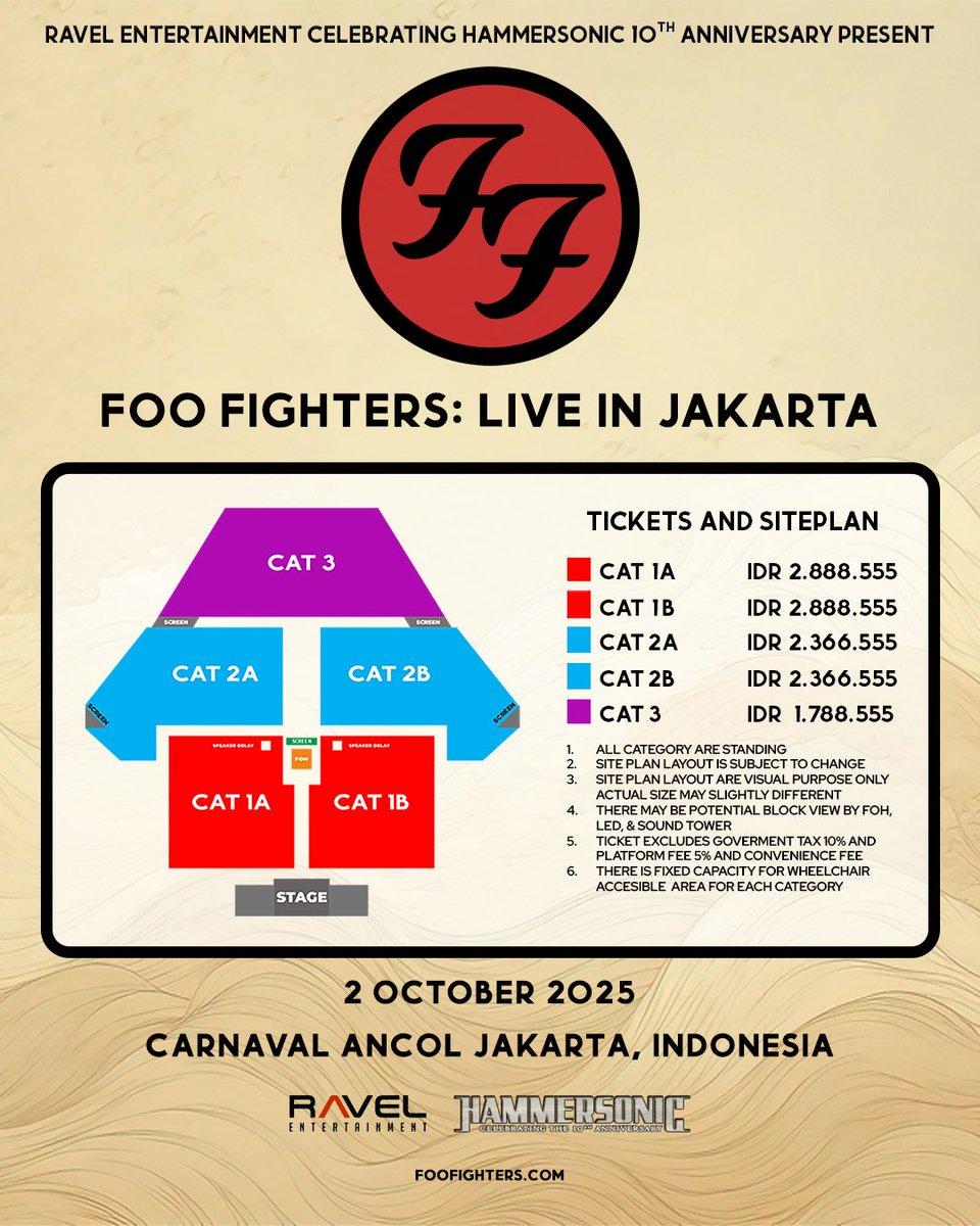 Rock legends Foo Fighters are heading to Jakarta for a massive show at Carnaval Ancol on October 2, 2025.

🎟️ Tickets go on sale ‼️ MAY 26, 2025, at 3 PM (JKT) ‼️ exclusively at foojkt.com.

It’s gonna be wild. It’s gonna be a night that shakes the city!