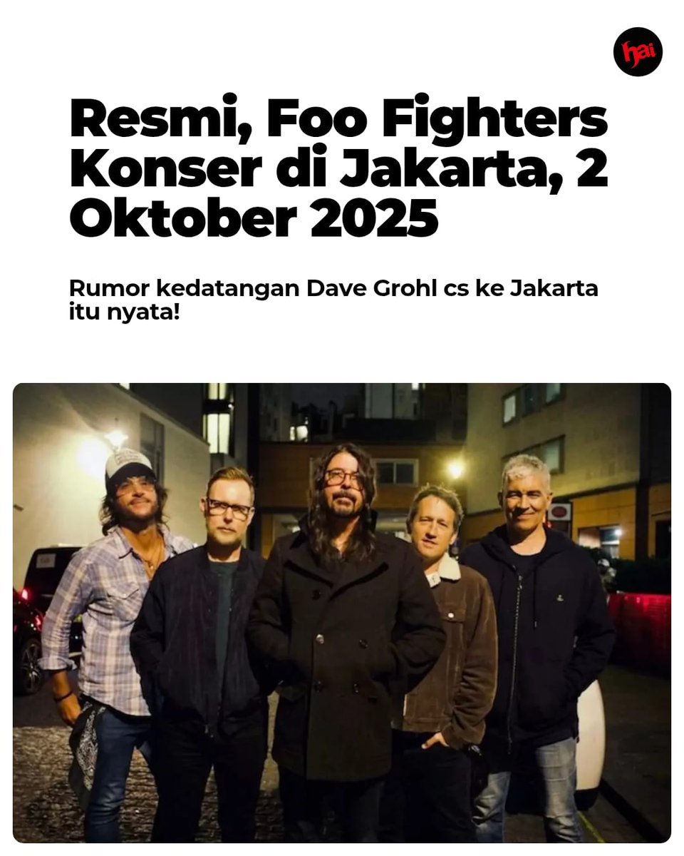 Setelah cuma jadi bisik-bisik tetangga, akhirnya hari Selasa ini (20/5) semuanya terjawab. Lewat konferensi pers yang digelar di Jakarta, Ravel Entertainment resmi ngumumin: Foo Fighters bakal konser di Jakarta pada 2 Oktober 2025 di Karnaval Ancol!

Siap nyanyi bareng?