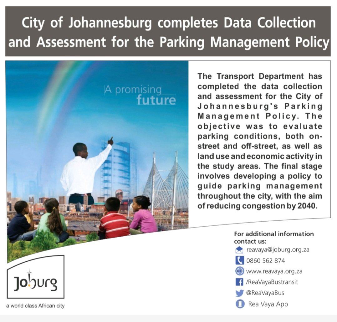 City of Joburg Transport (@cojtransport) on Twitter photo City of Johannesburg Transport Department is working on a policy aiming to reduce congestion on our car parking spaces.
The department is developing a policy to guide parking management throughout the city.
<a href="/MyJRA/">Joburg Roads Agency</a> <a href="/MMCKennyKunene/">Office of the MMC: Transport</a>
#JoburgReimagined
#CityofJoburgCares City of Johannesburg Transport Department is working on a policy aiming to reduce congestion on our car parking spaces.
The department is developing a policy to guide parking management throughout the city.
<a href="/MyJRA/">Joburg Roads Agency</a> <a href="/MMCKennyKunene/">Office of the MMC: Transport</a>
#JoburgReimagined
#CityofJoburgCares
