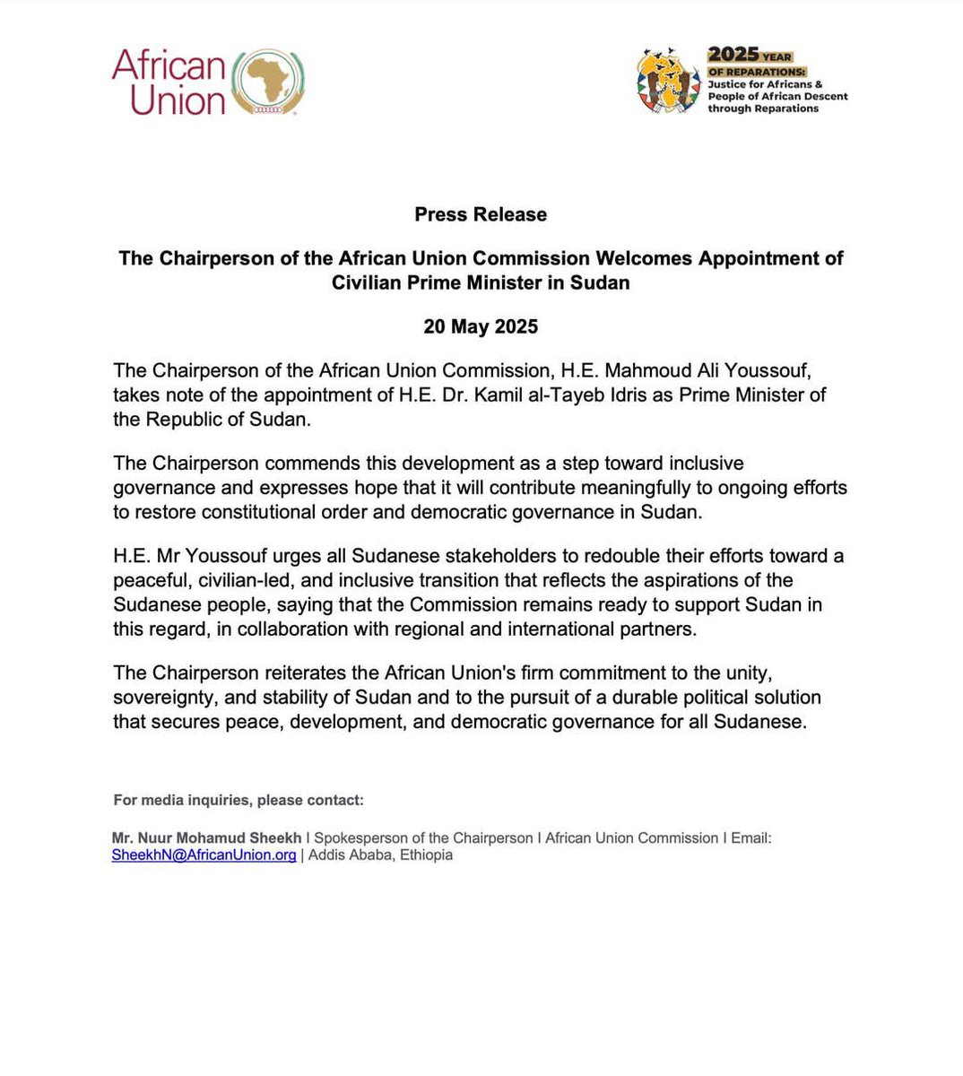 SONNA (@sonnalive) on Twitter photo Chairman of the <a href="/_AfricanUnion/">African Union</a> H.E. <a href="/ymahmoudali/">Mahmoud Ali youssouf</a> commended the appointment of the Prime Minister of #Sudan H.E. Dr. Kamil al-Tayeb Idris. Chairman of the <a href="/_AfricanUnion/">African Union</a> H.E. <a href="/ymahmoudali/">Mahmoud Ali youssouf</a> commended the appointment of the Prime Minister of #Sudan H.E. Dr. Kamil al-Tayeb Idris.