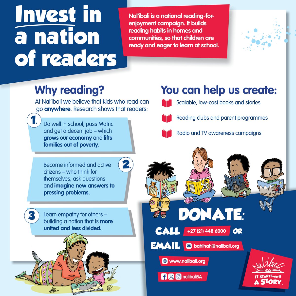 Between 2019 and 2024, Nal'ibali distributed 1,097,780 reading supplements and 153,601 books in 11 official South African languages to children around the country.  Nal'ibali needs your support to continue providing positive experiences with stories and promoting a lifelong