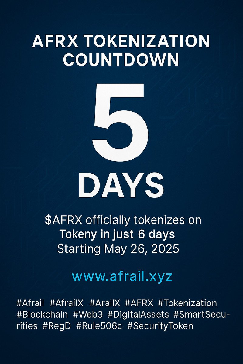 AfrailX's tweet photo. AFRX Tokenization Countdown: 5 days left.
$AFRX officially tokenizes on Tokeny in just 6 days — starting May 26, 2025. See https://t.co/8fxheAR8qA
#AFRX #Tokenization #Blockchain #AfrailX #ArailX #Web3 #DigitalAssets #SmartSecurities #SmartRail #SecurityToken https://t.co/oql3fuio9l