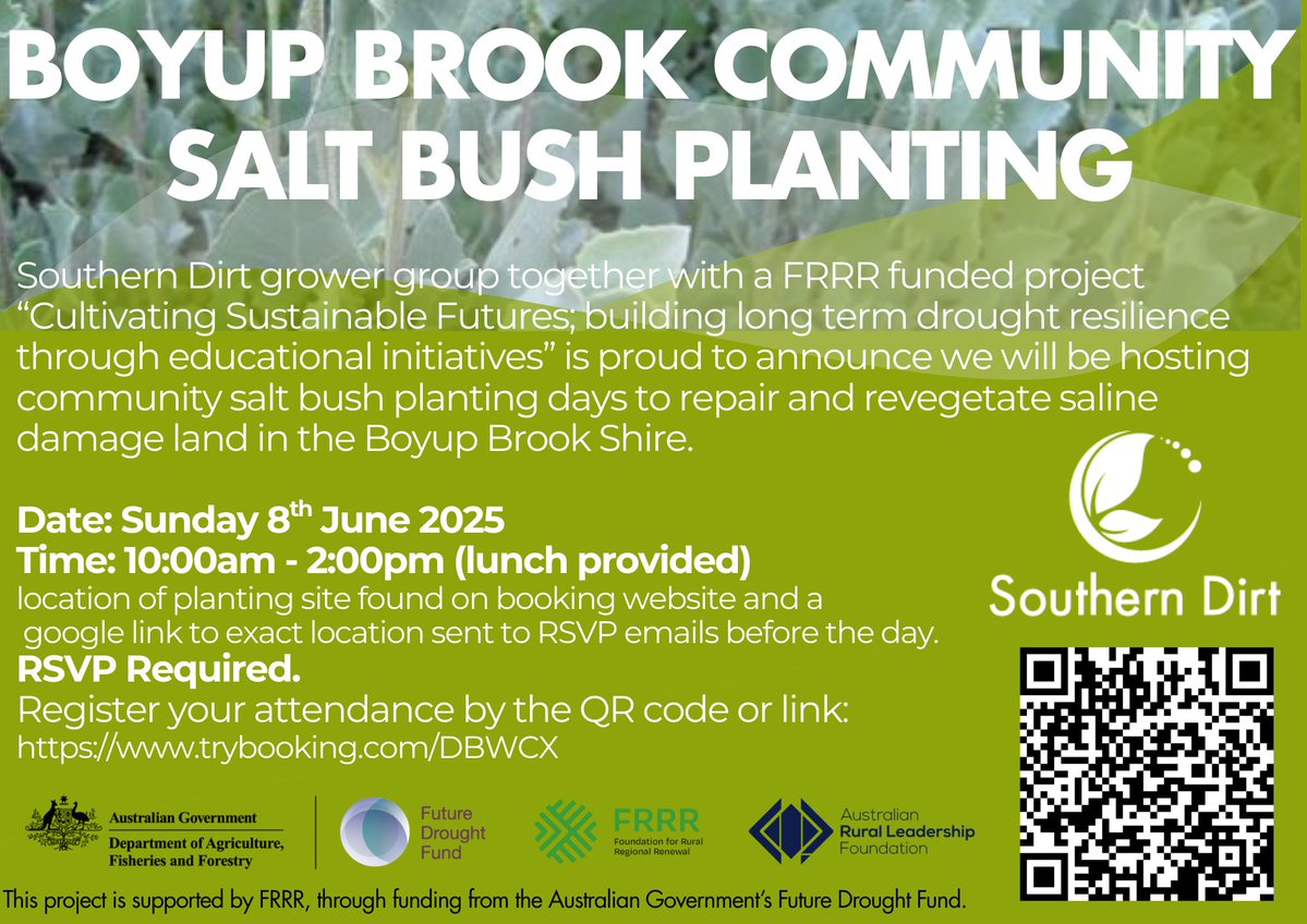 SouthernDIRT (@dirtsouthern) on Twitter photo 5 days to go!! Have you RSVP’d for our Community Saltbush Planting Day in Boyup Brook?
RSVP now: trybooking.com/DBWCX
This project is supported by FRRR, through funding from the Australian Government’s Future
Drought Fund. #FutureDroughtFund
<a href="/FRRR_Oz/">FRRR</a> <a href="/DAFFgov/">Department of Agriculture, Fisheries and Forestry</a> 5 days to go!! Have you RSVP’d for our Community Saltbush Planting Day in Boyup Brook?
RSVP now: trybooking.com/DBWCX
This project is supported by FRRR, through funding from the Australian Government’s Future
Drought Fund. #FutureDroughtFund
<a href="/FRRR_Oz/">FRRR</a> <a href="/DAFFgov/">Department of Agriculture, Fisheries and Forestry</a>
