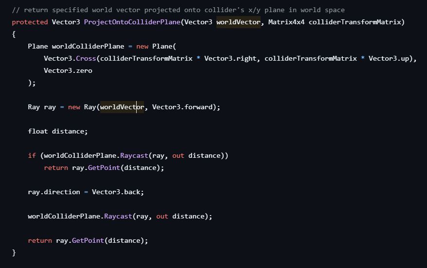 Chrispykins's tweet photo. One side-quest on this journey was finding this funny little function in the source code which projects a point along the z-axis onto the objects xy-plane

The best way to do this is obviously... a raycast😂
But make sure you do two because the plane could be behind the point too https://t.co/Q5fuqgDfDi