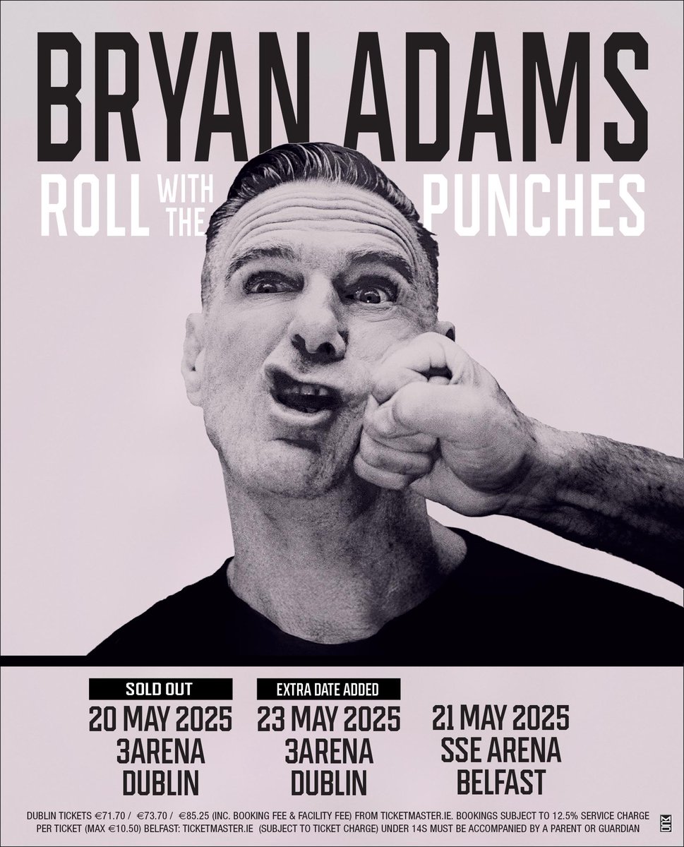 💥 A limited number of tickets are now available for Bryan Adams' extra show on his Roll With The Punches Tour at #3Arena this Friday, 23 May 2025.

Move quick - tickets available via @tmie
