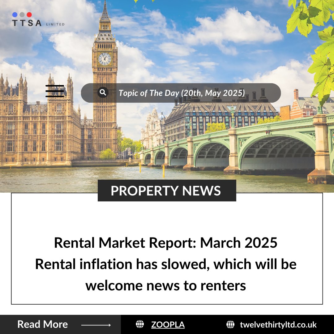 TTSALimited's tweet photo. Rental inflation slows in March 2025! 📉 A welcome change for renters looking for a break. How’s the rental market treating you? Share your experiences below! 👇

Read More: https://t.co/FZDGOpMnKv

#TTSA #RentalMarket #Inflation #HousingUpdate #Renters #PropertyNews  #UKRentals https://t.co/cZSnPVCgYc