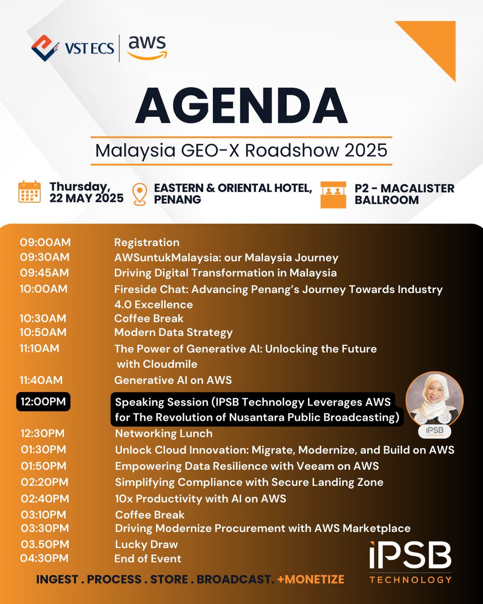 IPSBTechnology's tweet photo. Two days to go! 🚀 Meet the IPSB Technology experts at Malaysia GEO-X Roadshow 2025 in Penang!  

 Join our session for valuable insights🥇

Excited to connect and explore how we can help your organization thrive digitally! See you there! 

 #aws #AWSUntukMalaysia #ipsb #cloud https://t.co/KJI6nKmz9s